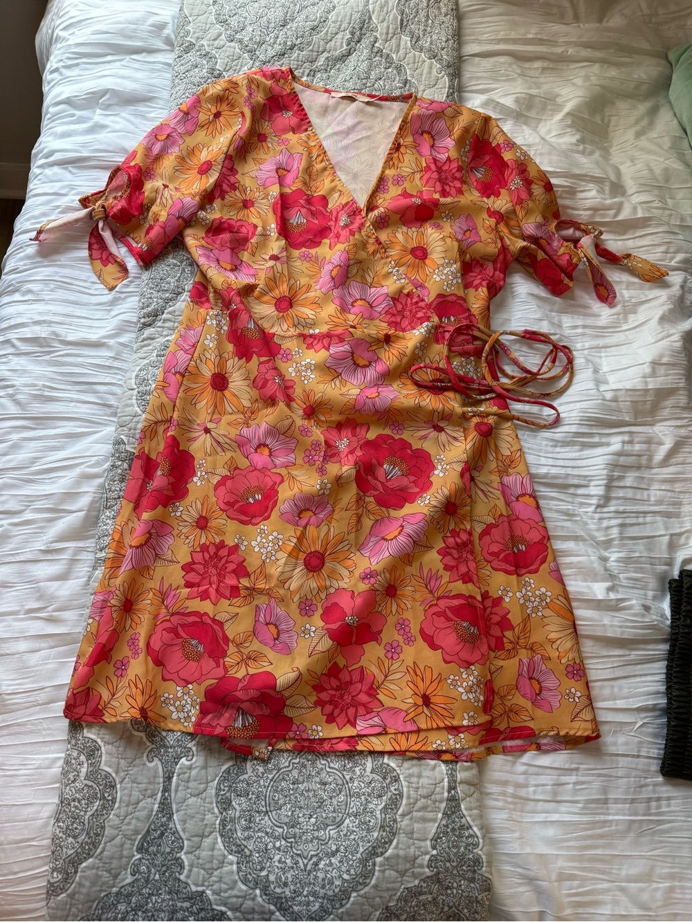 miami Floral Wrap Mini Dress in Mustard, Pink and Red